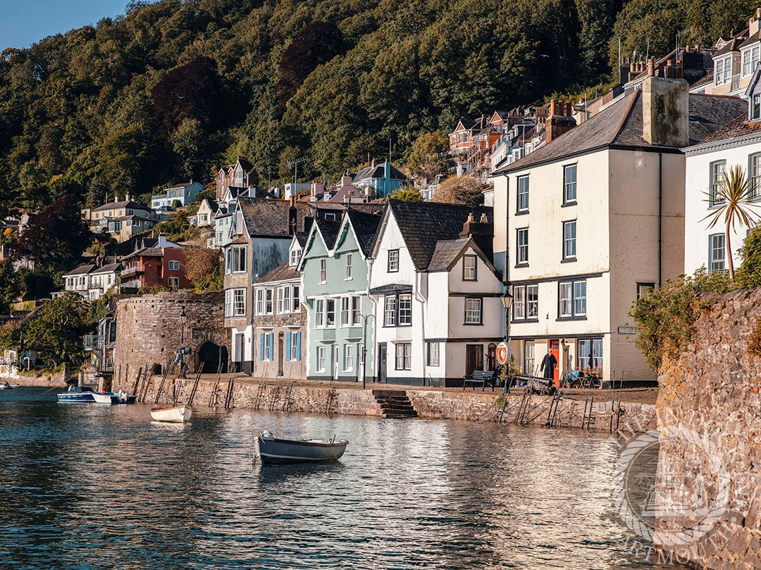 Bayards Cove, Dartmouth — historic Tudor and Georgian houses on the stone quay seen from the river